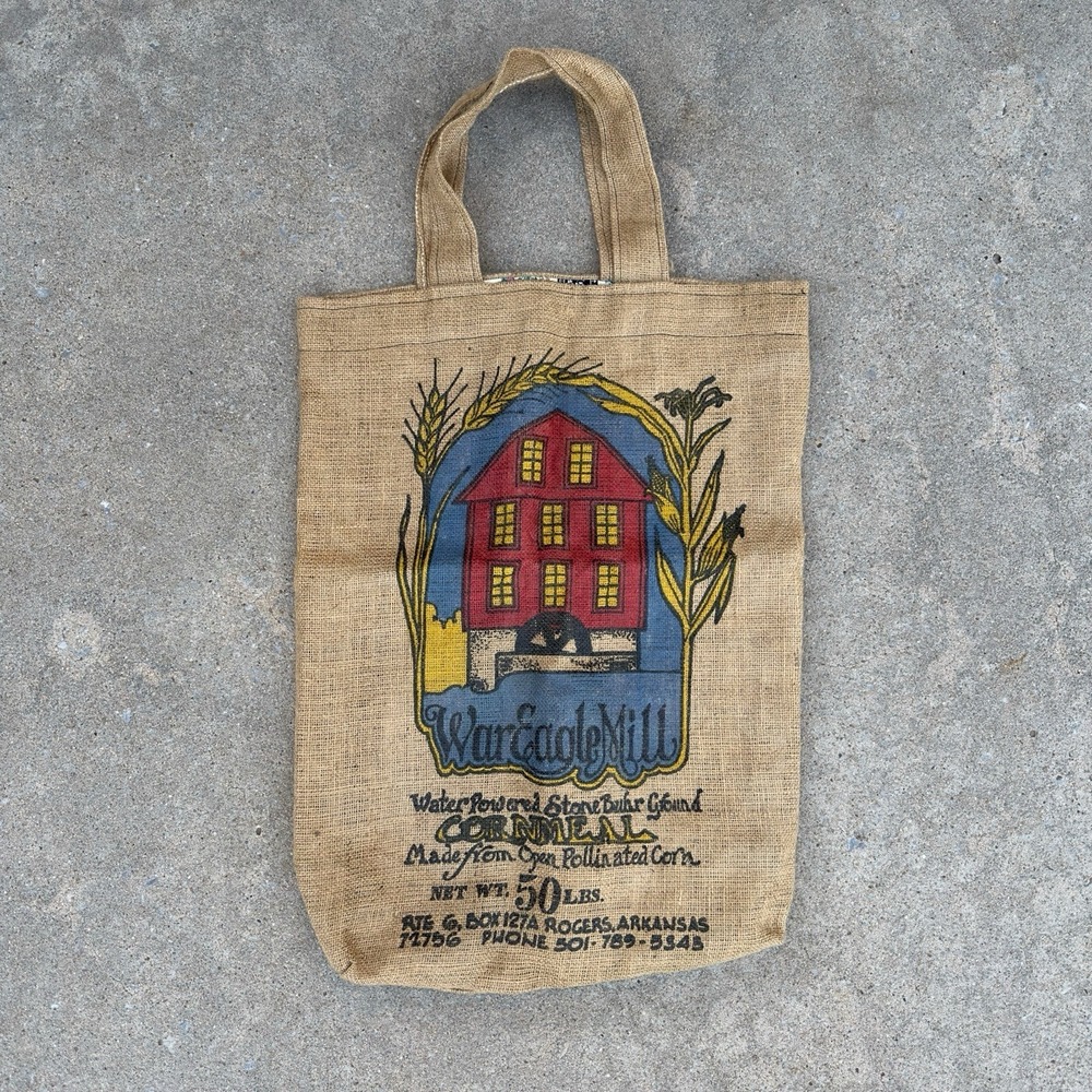 Vintage Handmade Lined Burlap 50lbs Cornmeal Bag Tote War Eagle Mill Arkansas